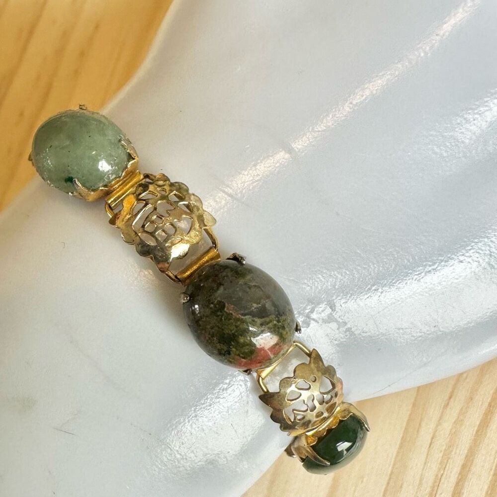 Vintage Chinese Green Stone Bracelet – Aventurine, Moss Agate, Amazonite & Unaki